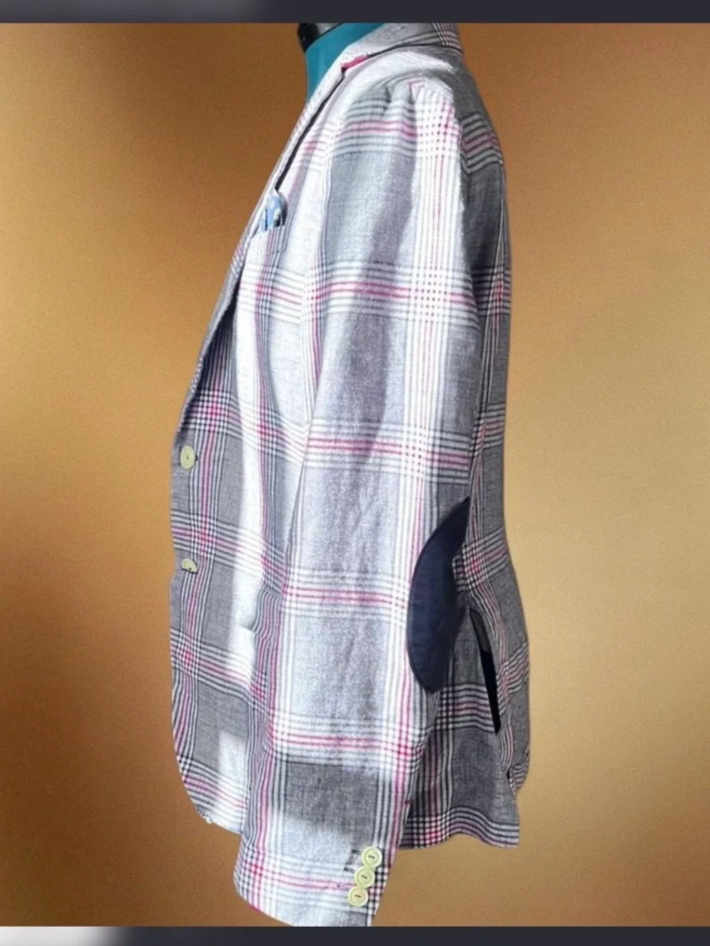 Zara Gray Plaid Sport Coat with Pink Windowpane and Navy Elbow Patches